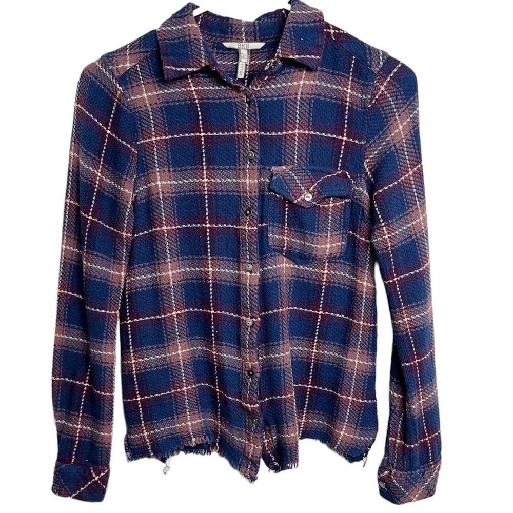 BKE Raw Edge Hem Plaid Fitted Flannel Purple and Blue Size XS